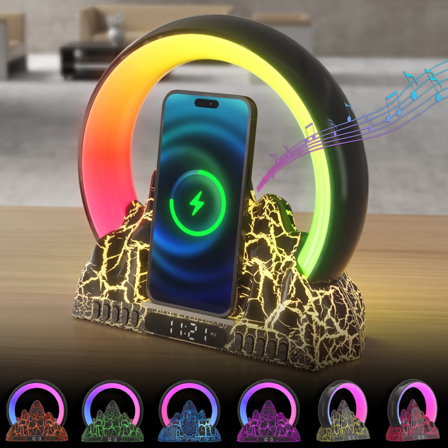 LED Smart Tuya APP - VOLCANO Mountain Alarm Clock, Wireless Charger, FM Radio and BT Speaker