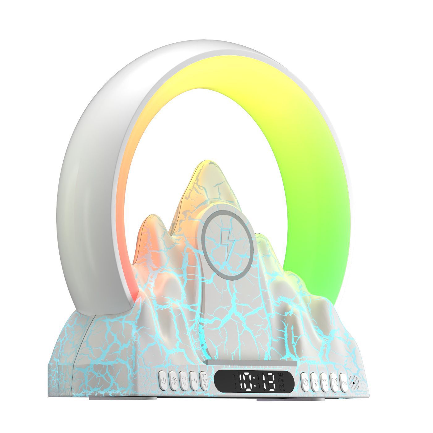 LED Smart Tuya APP - VOLCANO Mountain Alarm Clock, Wireless Charger, FM Radio and BT Speaker